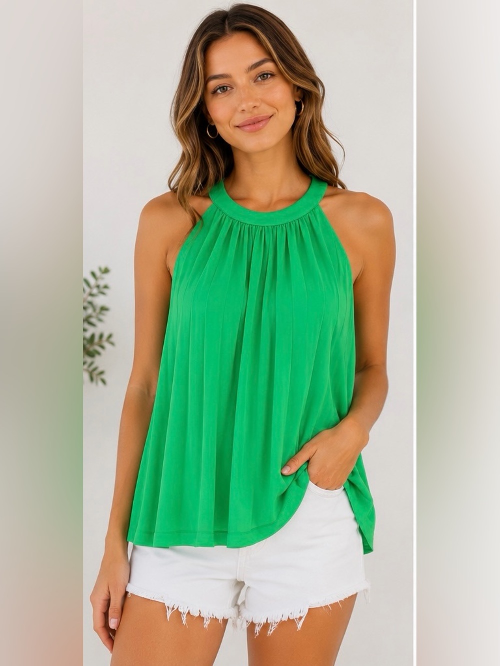 THML Green Pleated Halter Tank NWT